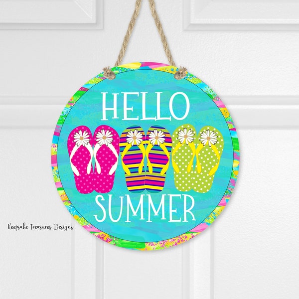 Hello Summer Flip Flop Wreath Attachment, Vivid Color Door Sign, Sublimation PNG, Summer Home Decor Digital  Download