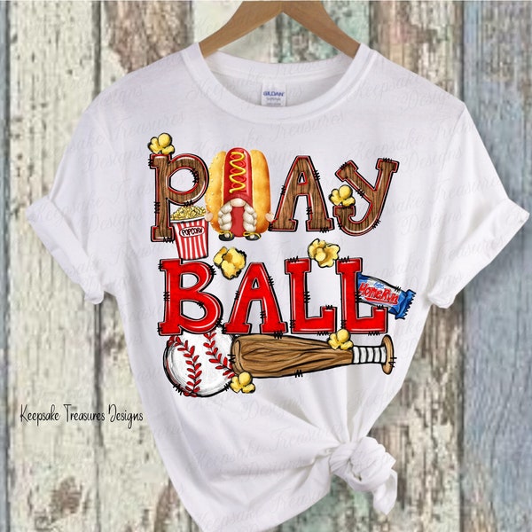 Play Ball, Gnome PNG, Hot Dog PNG, Doodle Hand Drawn, Baseball Sublimation Design, Digital Download PNG File