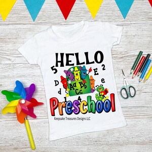 新学期、Hello Preschool、昇華PNG、新学期の子供用Tシャツ、新学期初日のTシャツ、デジタルダウンロード