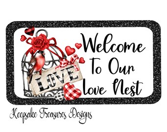 Welcome To Our Love Nest, Valentine, Door Hanger Template, Buffalo Plaid, Sublimation Design, Digital Download, PNG Printable, Clip Art,