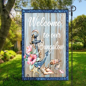 Bienvenido a nuestro bungalow, plantilla de bandera de patio, fondo de madera, diseño de sublimación, ancla, descarga digital, PNG, conchas marinas, imágenes prediseñadas