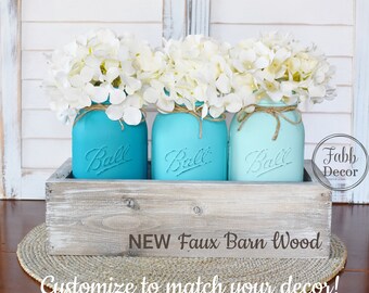 Rustic Mason Jar Centerpiece, Farmhouse Decor, Rustic Decor, Barn Wood Box Decor, Distressed Painted Jars, Country Cottage Mason Jars Decor