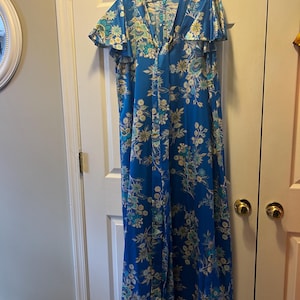 Vintage 1970s Otaheite Honolulu Dress Womens Hawaii Mumu Maxi Blue Roper Romp Caftan