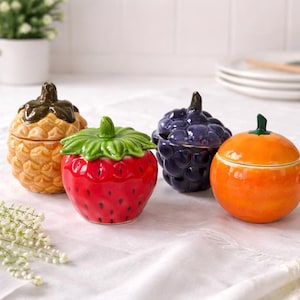 Vintage Japan Ceramic Fruit Pots Set Pineapple Strawberry Grape Orange Hand Painted