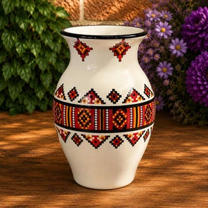 May include: A white ceramic vase with a black rim and a decorative band featuring geometric patterns in red, yellow, and black. The vase has a bulbous shape and is set against a natural background.