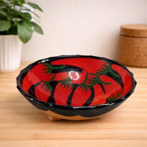Vintage Mexican Hand Painted Pottery Bowl Red Chili Peppers Black Glaze 1980s