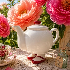 May include: A whimsical white teapot with a red lid and red-and-white shoes. A floral teacup and saucer sit nearby, with a small bottle labeled "Drink Me." The background features vibrant pink and peach flowers, creating a charming tea party scene.