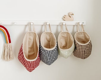 Gingham Hanging Pod, Fabric Hanging Toy Storage Basket, Reusable Bag, Hanging Storage Basket, Door Knob Bag , Dog Toy Bag, Entryway Storage