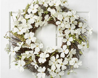 CLASSiC WHiTE DOGWOOD BLooMS WREATH 22" Decor, Dogwood Front Door Wreath, Artificial Flower Front Door Wreath Decor, Farmhouse Summer Wreath