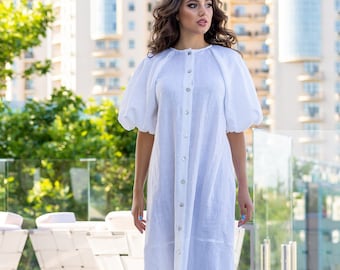 Linen dress, White Linen Dress, Linen Midi Dress,Linen Summer Dress,Linen Tunic Dress,Linen Dresses for woman,Boho dress,Blouson sleeve