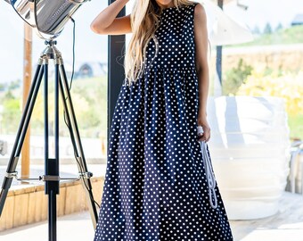 Polka Dot Swing Dress long dress  cotton dress navy polka dots with pockets spring Dress 2022 handmade dress  dotted dress summer dress 2022