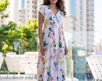 Ivory Floral Wrap Maxi Dress, Calf Length Dress, Summer Dress with belt, Cotton A Line Dress, Dress with short sleeves, Flower dress,