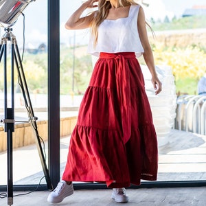 Leinenrock, Roter Leinenrock, Leinenröcke für Frau, Leinenrock mit Taschen, Leinen Maxirock, Langer Leinenrock, Maxi Leinenrock Boho