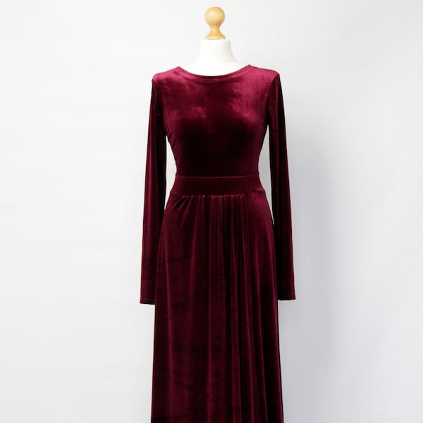 Velvet Maxi Dress Velvet Bridesmaid Party Dress Velvet Maxi Dress Long Sleeves With High Slit Sash Waistband Long Dress Burgundy dress