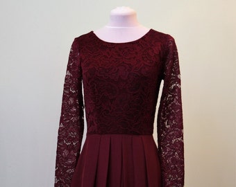 maroon dress with lace sleeves