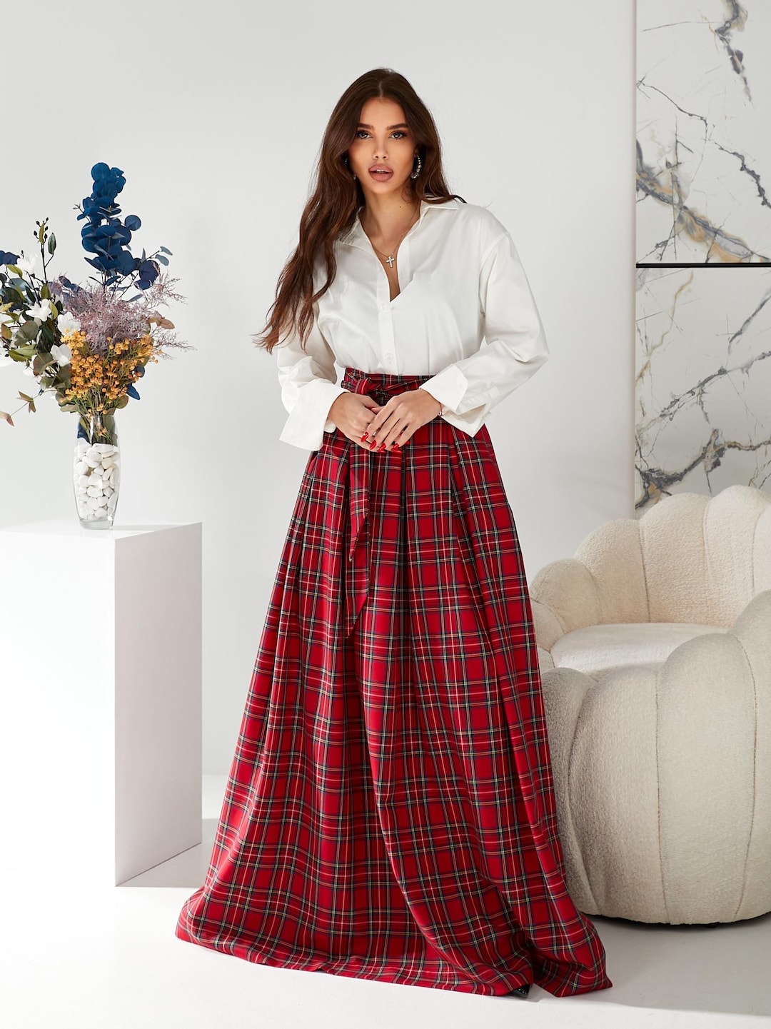 Red Tartan Long Skirt Red Plaid Maxi Skirt Red Maxi Skirt Red Long