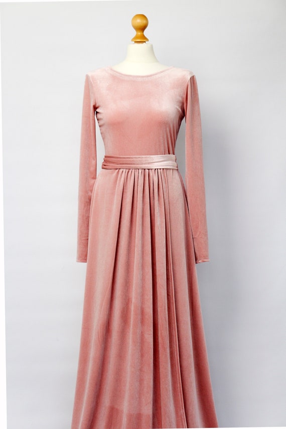 pink velvet long dress