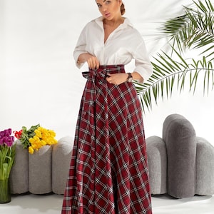 Burgundy tartan long skirt Long plaid maxi skirt Maxi skirt Maxi skirt with pockets Long skirt women Floor length skirts