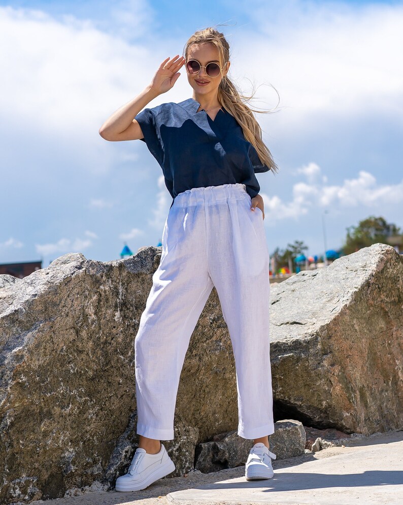 Linnen broek voor vrouwen, witte linnen broek, hoge taille linnen broek, handgemaakte linnen kleding, papieren zak taille broek, zomer broek afbeelding 1