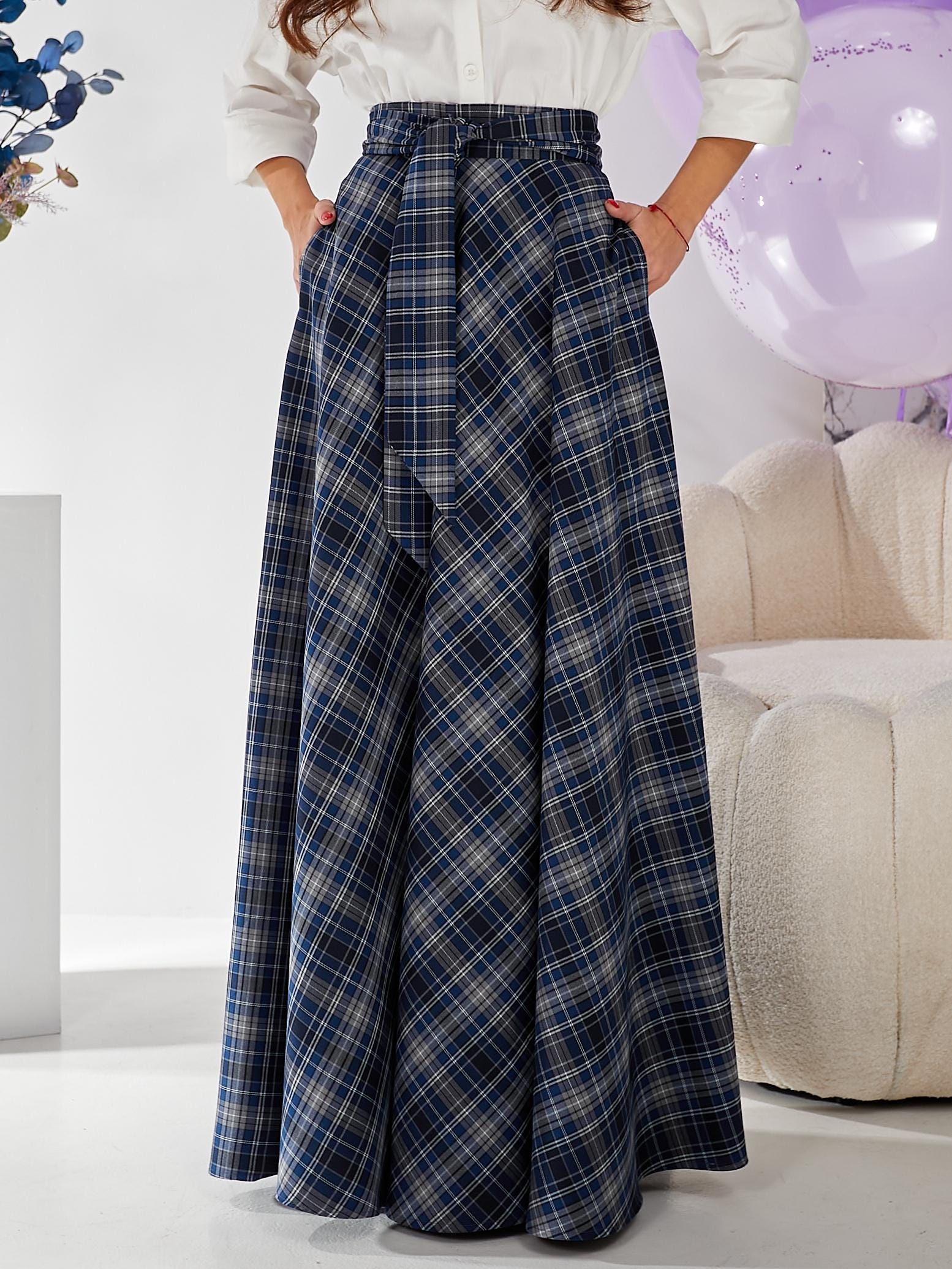 Pleated Skirt Long Plaid Skirt Navy Blue Plaid Skirt UK - Main Image