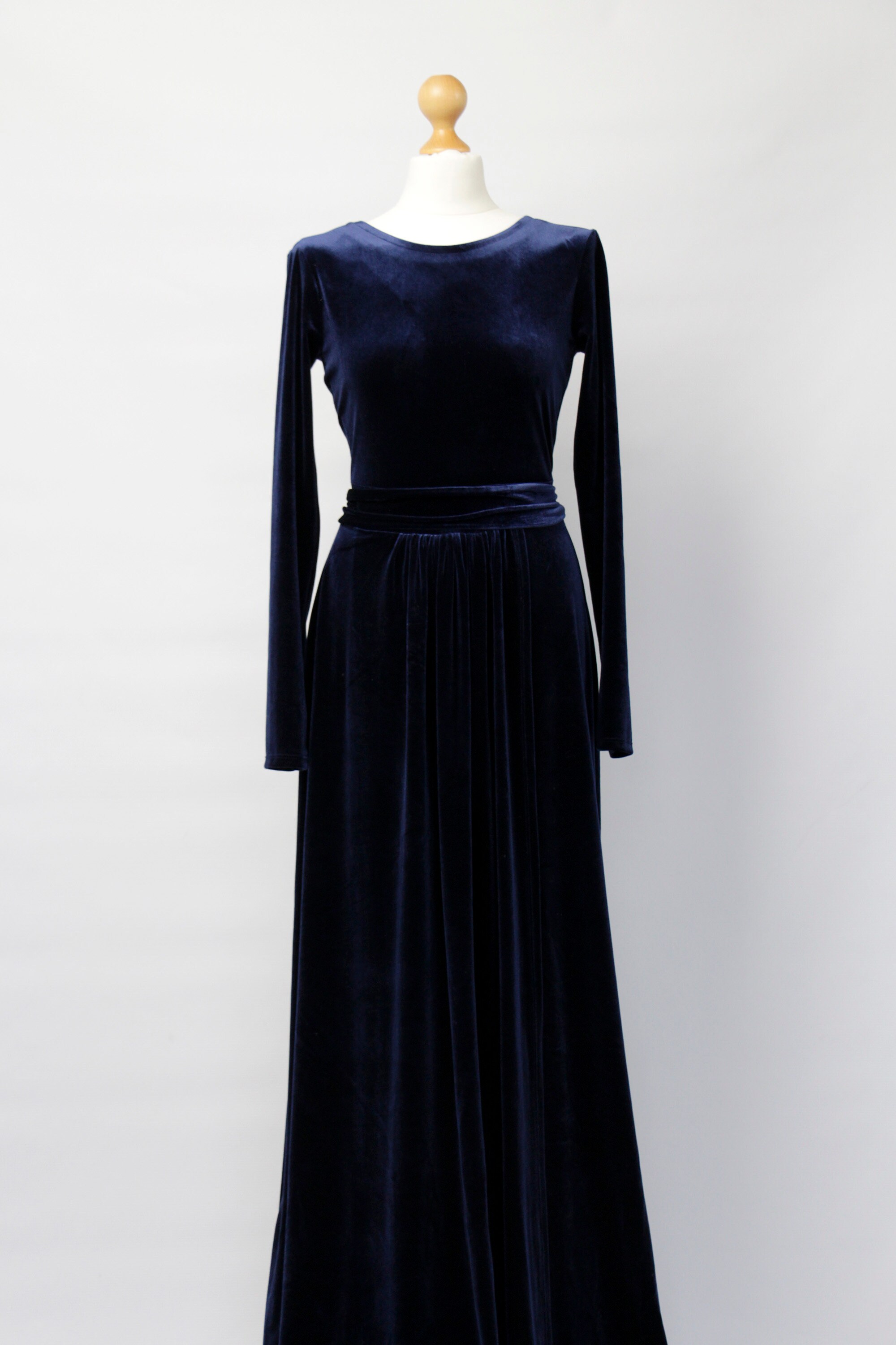 Velvet Grecian Neck Maxi Bridesmaid Gowns Dusty Blue