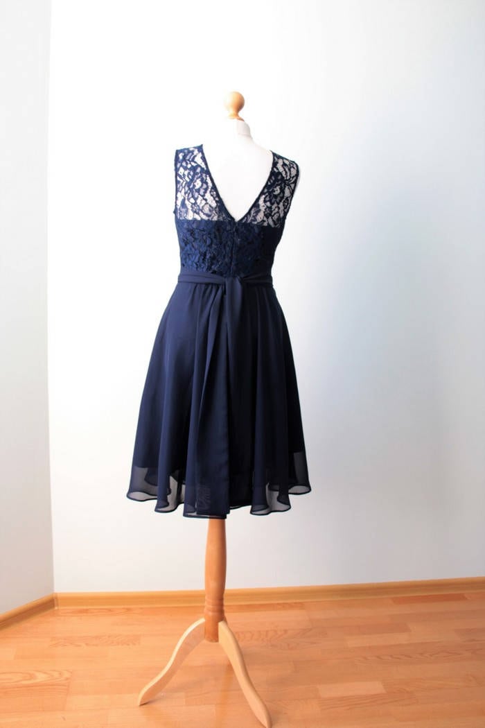 slim fit dress slacks A Line V Neck Short Navy Blue Prom Dresses, Short Dark Navy Blue Forma –  jbydress main image 1