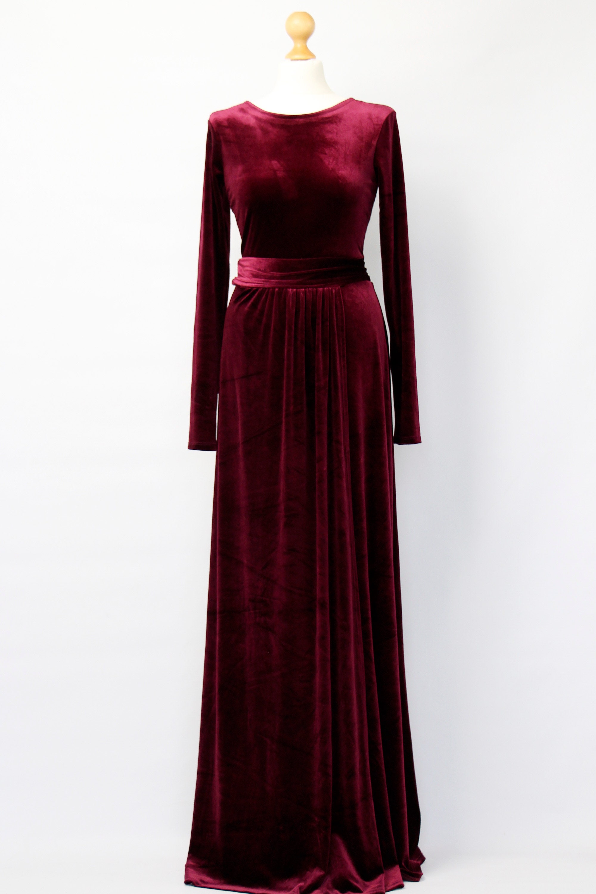 Velvet Maxi Dress Velvet Bridesmaid Party Dress Velvet Maxi Dress Long Sleeves with High Slit Sash Waistband Long Dress Burgundy Dress