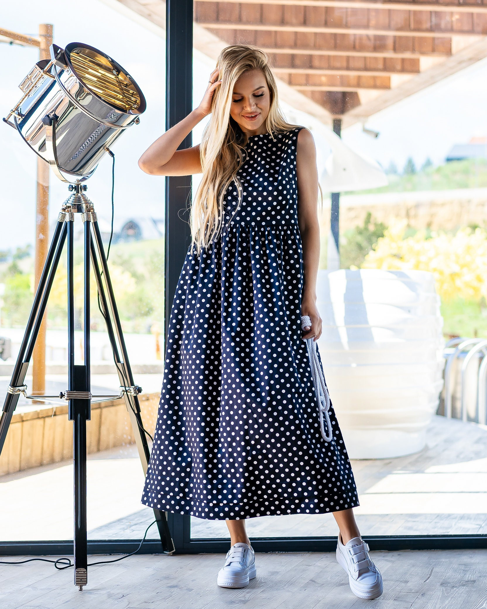 white christmas dresses QOS Black Multi Polka Dot Cotton Midi Dress main image 1