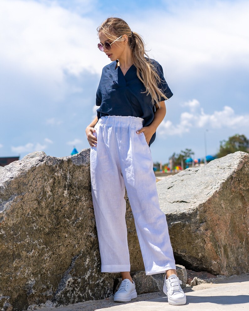 Linnen broek voor vrouwen, witte linnen broek, hoge taille linnen broek, handgemaakte linnen kleding, papieren zak taille broek, zomer broek afbeelding 2