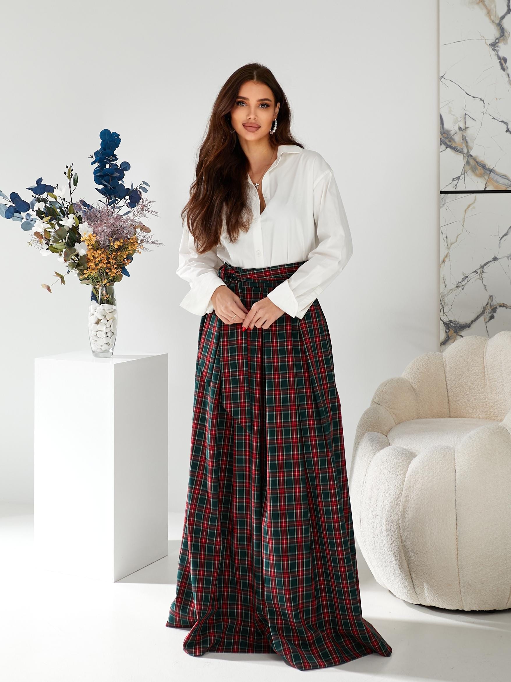 Green Tartan Long Skirt Green Plaid Maxi Skirt Green Maxi Skirt