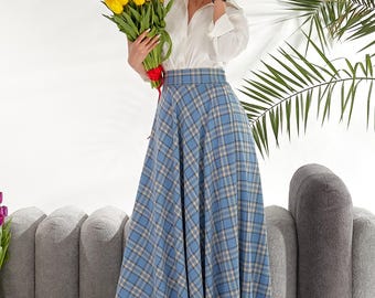 Light Blue tartan long skirt Long plaid maxi skirt Maxi skirt with pockets Long woman skirt Floor length skirts