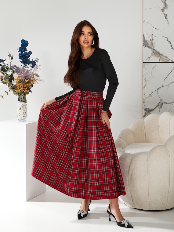 Plaid Skirt Outfit Plus Size Pleated Skirt Red Women's