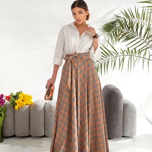 Plaid Skirt Women Beige Plaid Skirt With Pockets Tartan Skirt Women Long High Waist Warm Skirt  Winter Skirt  Plus Size Plaid Skirts