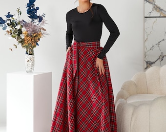 Red tartan long skirt Flared red plaid skirt with pockets Christmas outfit women Red long skirt Long woman skirt Long skirt