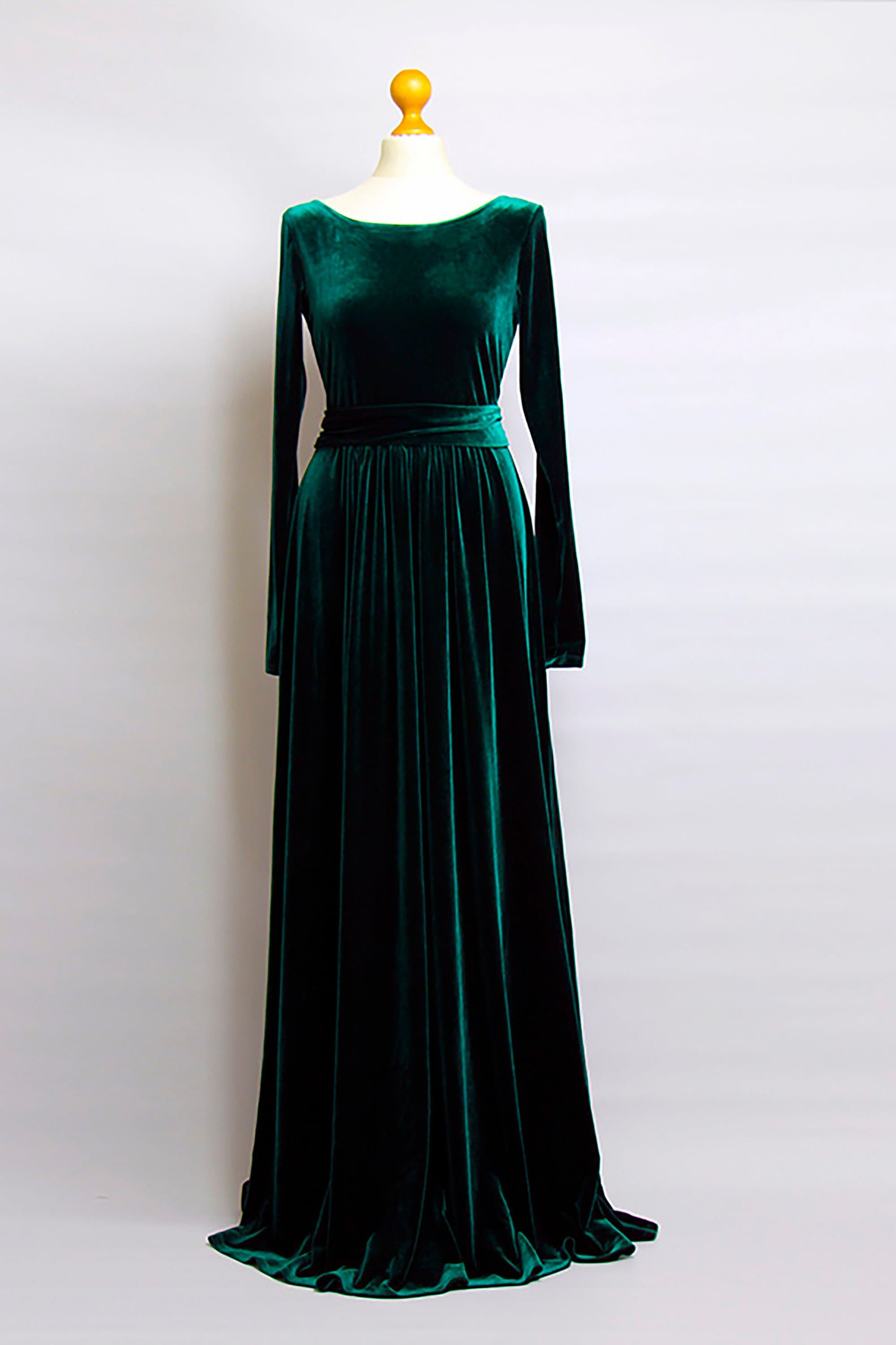 Green Velvet Maxi Dress Velvet Bridesmaid Party Dress Burgudy Maxi Dress Long Sleeves With High Slit Sash Waistband Long Dress Green Dress Etsy