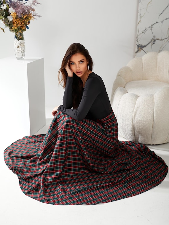 Green Tartan Long Skirt Green Plaid Maxi Skirt Red Maxi Skirt With