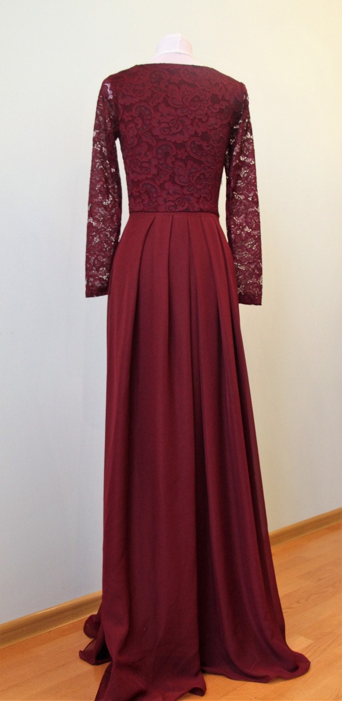 long burgundy lace bridesmaid dresses V Neck Long Sleeves Burgundy Lace Prom Dresses 2020, Long Sleeves Burgundy Formal Dresses, Burgundy Lace Bridesmaid Dresses