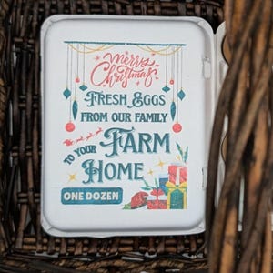 Happy Holidays Egg cartons with Festive Chicken Design. Farm fresh Christmas Packaging