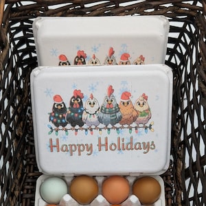 Happy Holidays Egg cartons with Festive Chicken Design. Farm fresh Christmas Packaging