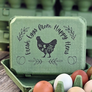 Eierkartons-Vintage Themed Grün Gedruckt Volles Dutzend 12-zellige Eierkartons Frische Eier von Happy Hens, individuelles Design / Grafik. Eier und Grünzeug