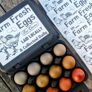 Egg Carton LABELS (Large, 4"x6") -Vintage Themed with Full Dozen BLACK Egg Cartons Sized (4x3/12cell), Personalize, Customizable