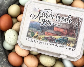 Egg Cartons - Vintage Themed. Unique, Custom Designed Images Full Color Farm Scenery. Gathered Daily- Laid by Happy Hens (Set of 10 Cartons)