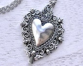 Antiqued Skulls and Cherub Heart, Corazon, Mexican Heart Folk Art Sacred Heart Milagro Necklace