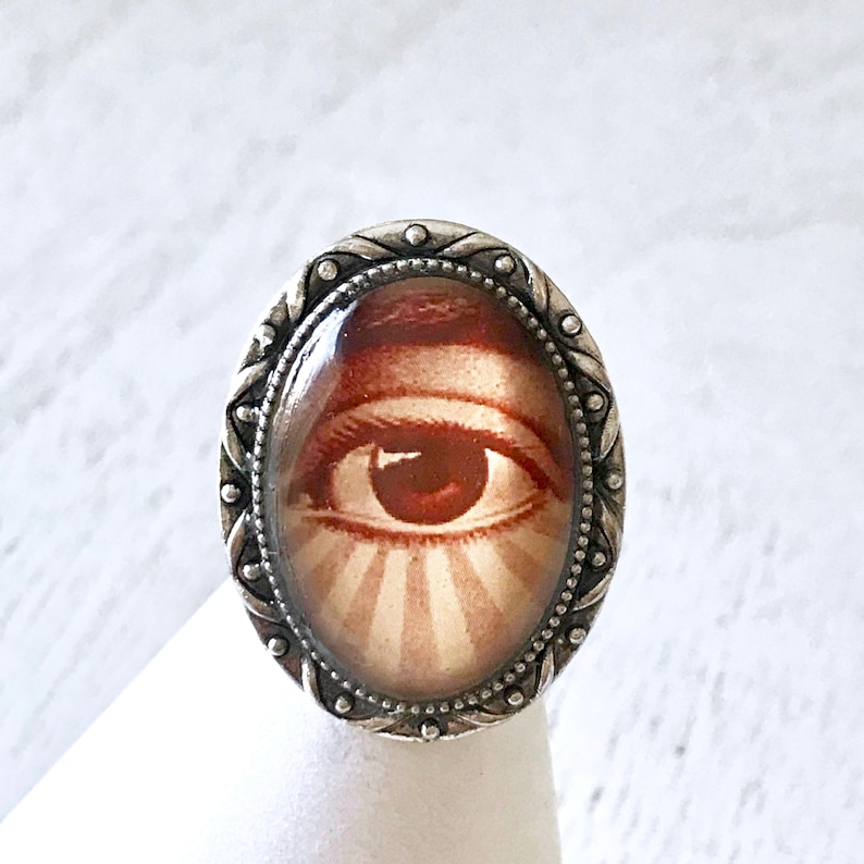 Eye of Providence Glass /& Silver Plated Adjustable Ring Third Eye All Seeing Eye