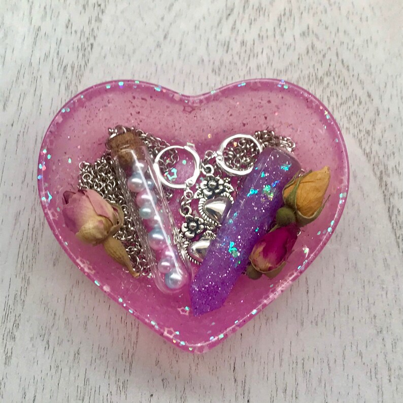 Handmade Pink Heart Holographic Pearlized with Star Accents Heart Shaped Trinket Dish