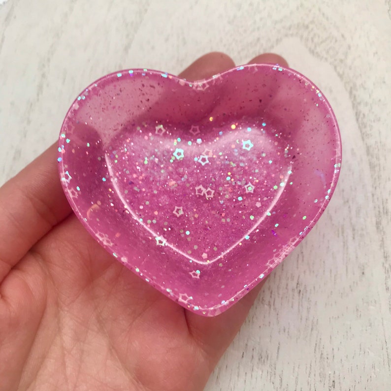 Handmade Pink Heart Holographic Pearlized with Star Accents Heart Shaped Trinket Dish