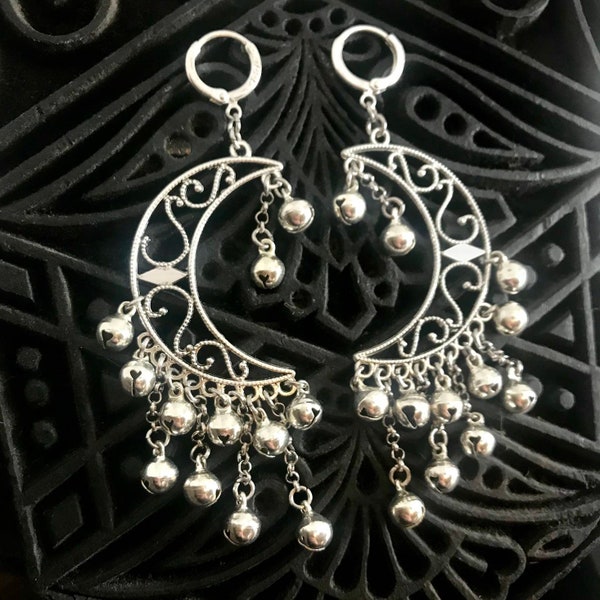 Filigree Silver Crescent Moon Bells Dangly Earrings | Boho Romani Bells Crescent Moon Earrings |Tribal Large Crescent Moon Earrings Hangers