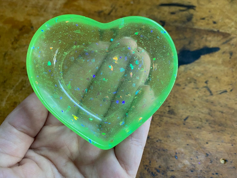 Neon green holographic flake glitter heart shaped clear resin dish