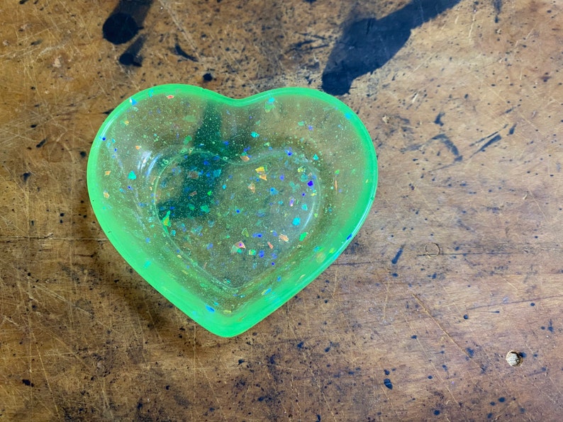 Neon green holographic flake glitter heart shaped clear resin dish
