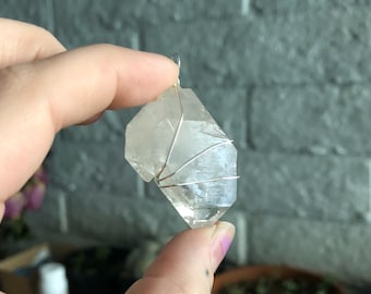 Double terminated clear quartz point crystal wire wrap necklace